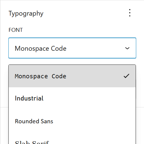 Typography options in the block editor. Font selected: Monospace Code.
